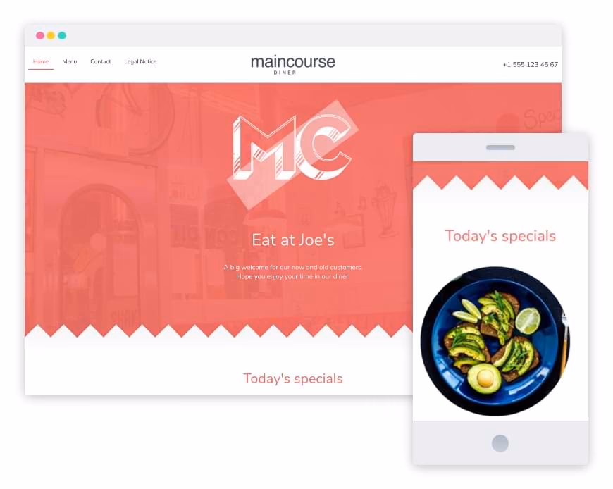 Screenshot einer Website Restaurant; Schüssel mit Essen